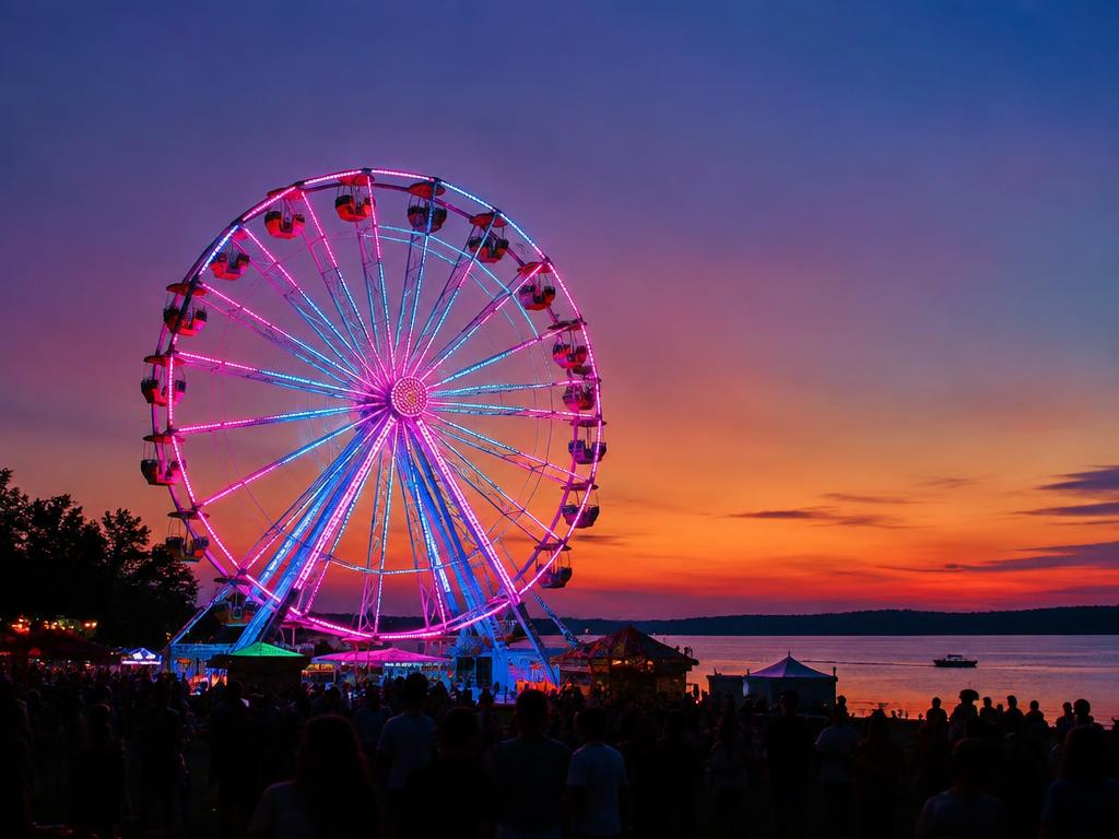 A glowing Ferris wheel at sunset beside a lake.