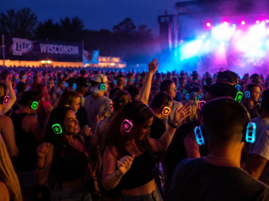 Festival crowd dancing at night in glowing wireless headphones.