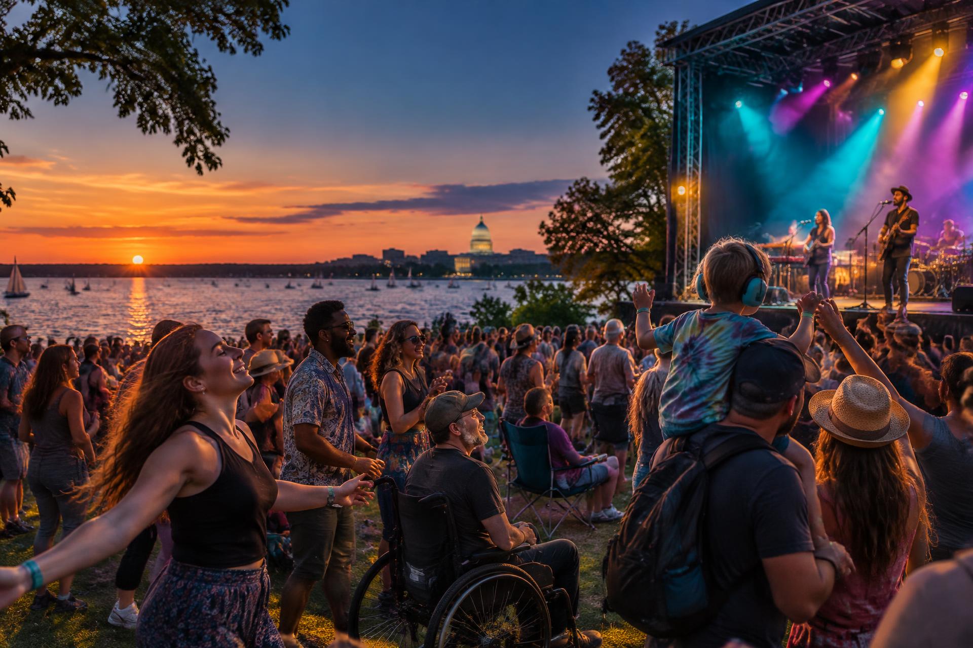 A diverse crowd enjoying an accessible lakeside concert in Madison, with the Wisconsin State Capitol across the water.